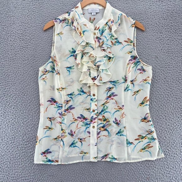 Tahari Top Womens Medium Ivory Multi Bird Print Ruffle Button Sleeveless Blouse - Picture 1 of 9